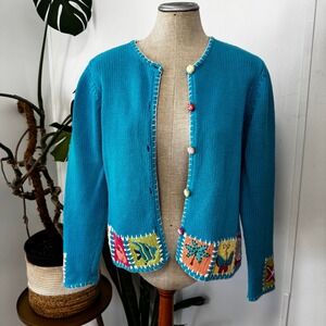 Curio Cardigan Women Medium Turquoise Tropical Nautical Embroidered Vintage 90s
